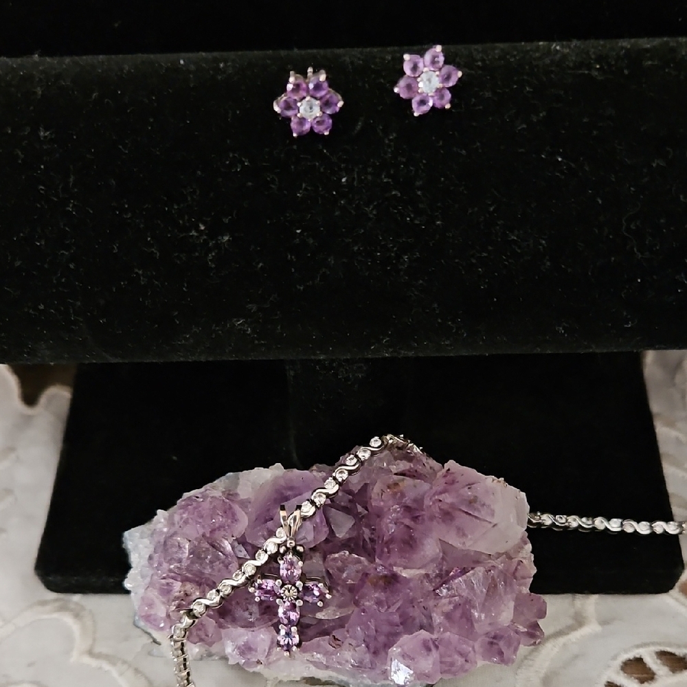 Purple Amethyst Earrings and S/s CZ Bracelet, Round Amethyst Earrings, Cross